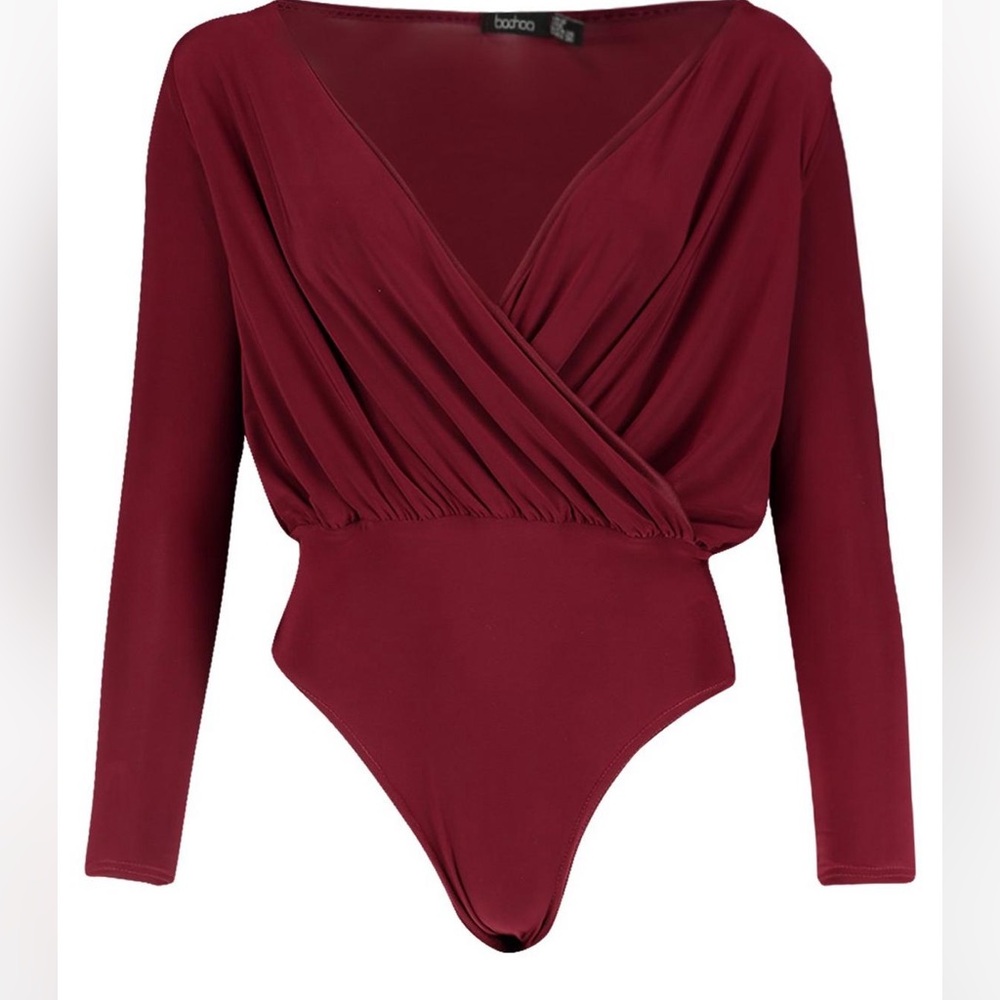 Boohoo Red Long Sleeve Wrap Front Bodysuit; Size 10